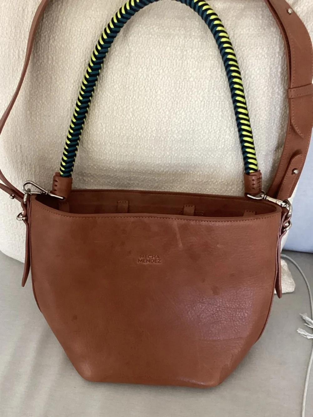 Mecha Mendez Cognac Leather Shoulder Bag with Braided Navy & Neon Handle - Picture 1 of 11
